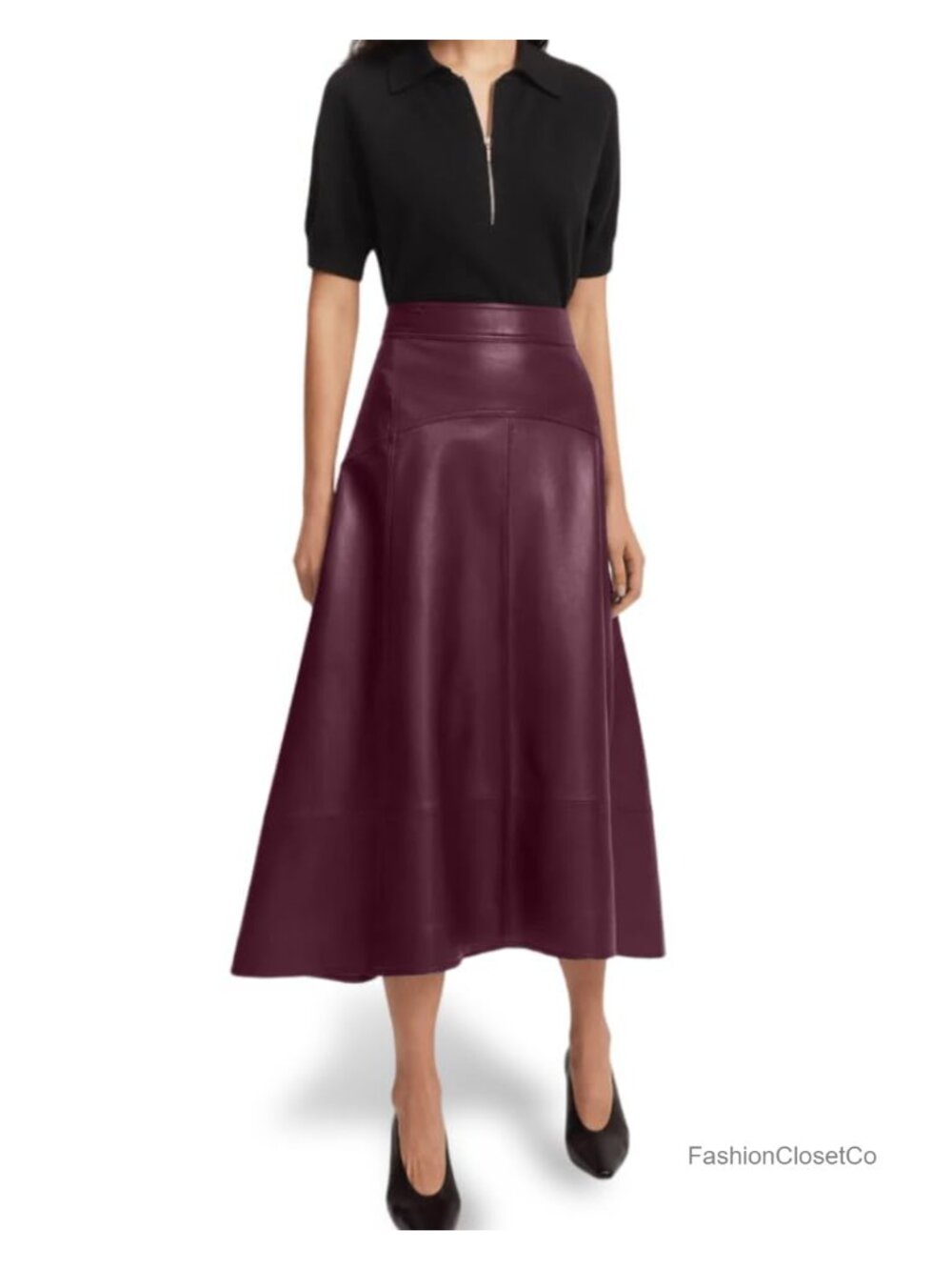 Lambskin Leather High Waist A-Line Midi Skirt for Women